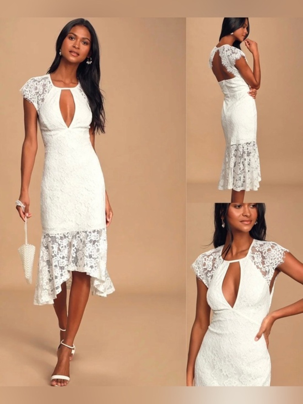 White Lace Open Back Midi Dress Coquette Bridal Cottagecore Wedding Guest S